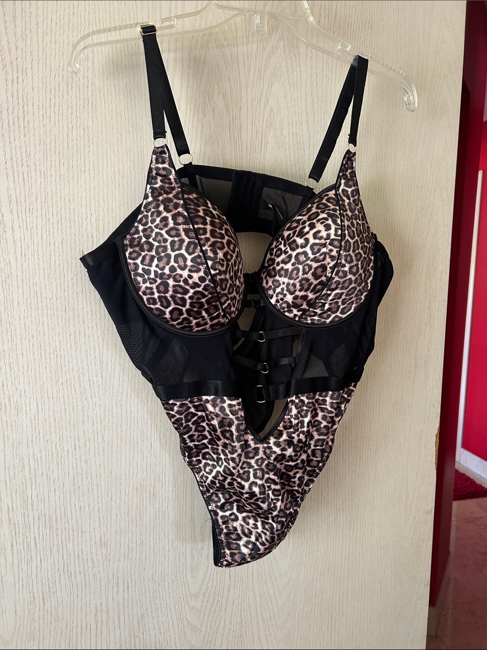 Leopard Print Push-Up Bodysuit with Strappy Black Mesh